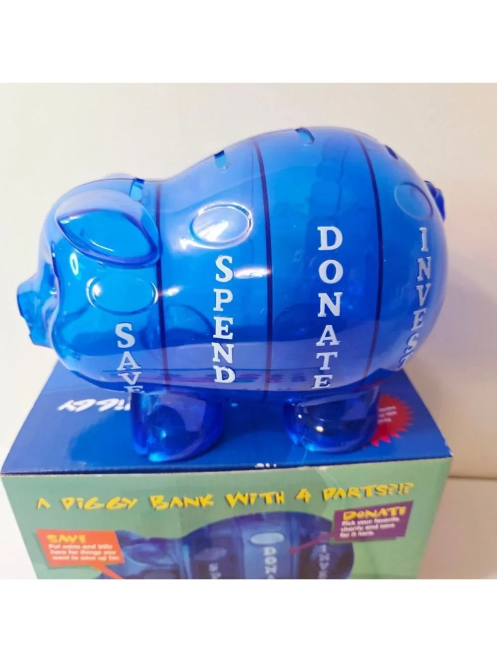 Money Savvy Pig Plastic Piggy Bank Blue Educational 4 Slots Spend Invest Save